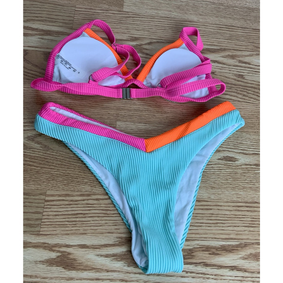 Womens Multi Colored 2 pc Bikini Ribbed Triangle Top Swimsuit Size S - Picture 4 of 5